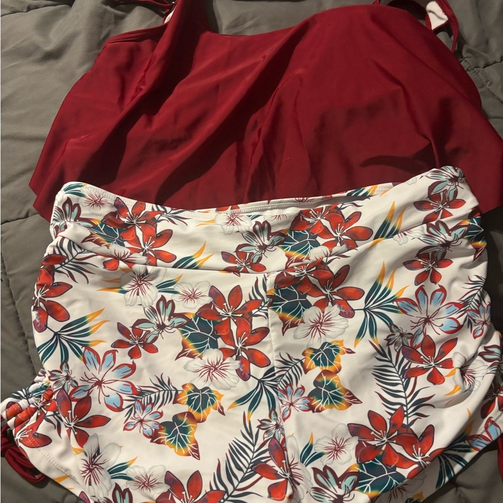 Floral Print Swim Shorts and Red Top